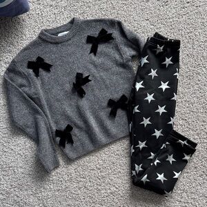 Primark Gray Sweater with Black Bows and Lola and the Boys Star Print Pants